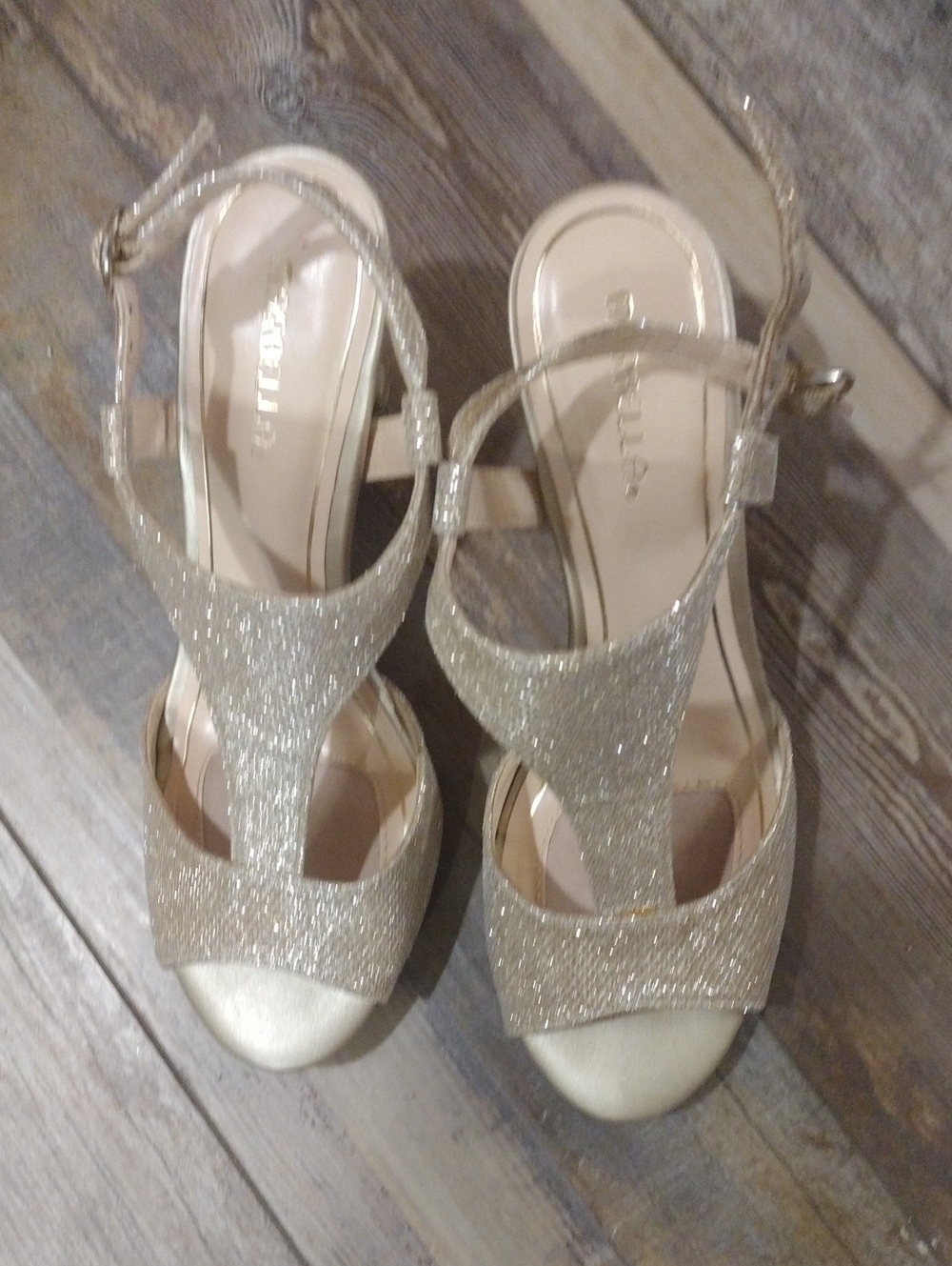 Sparkling Gold T-Strap Heels by Marella